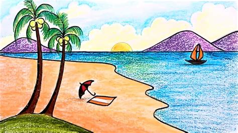How To Draw A Sea Beach Scenery .